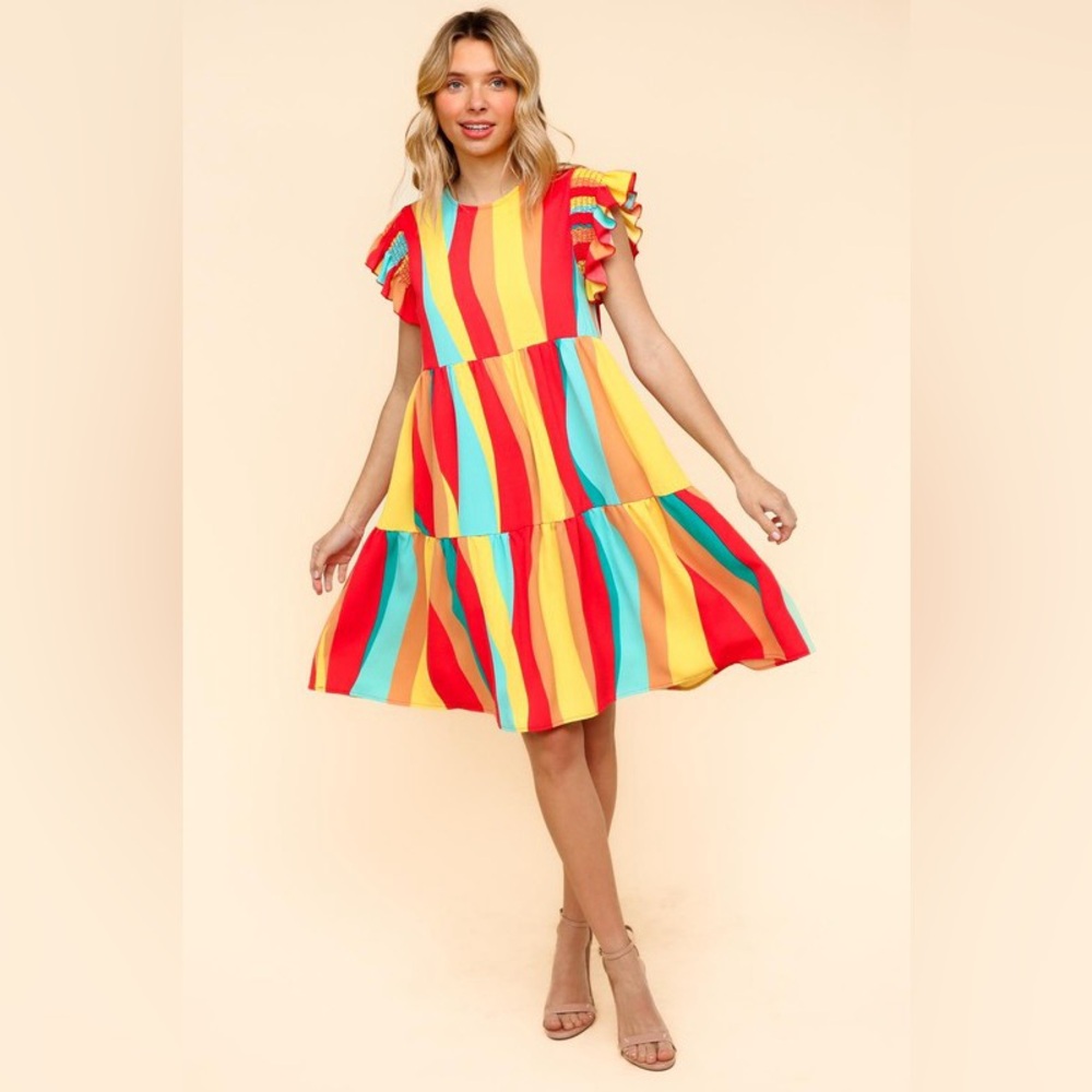 Haptics Round Neck Smocking Ruffle Short Sleeve Tiered Knee Length w/ Pockets